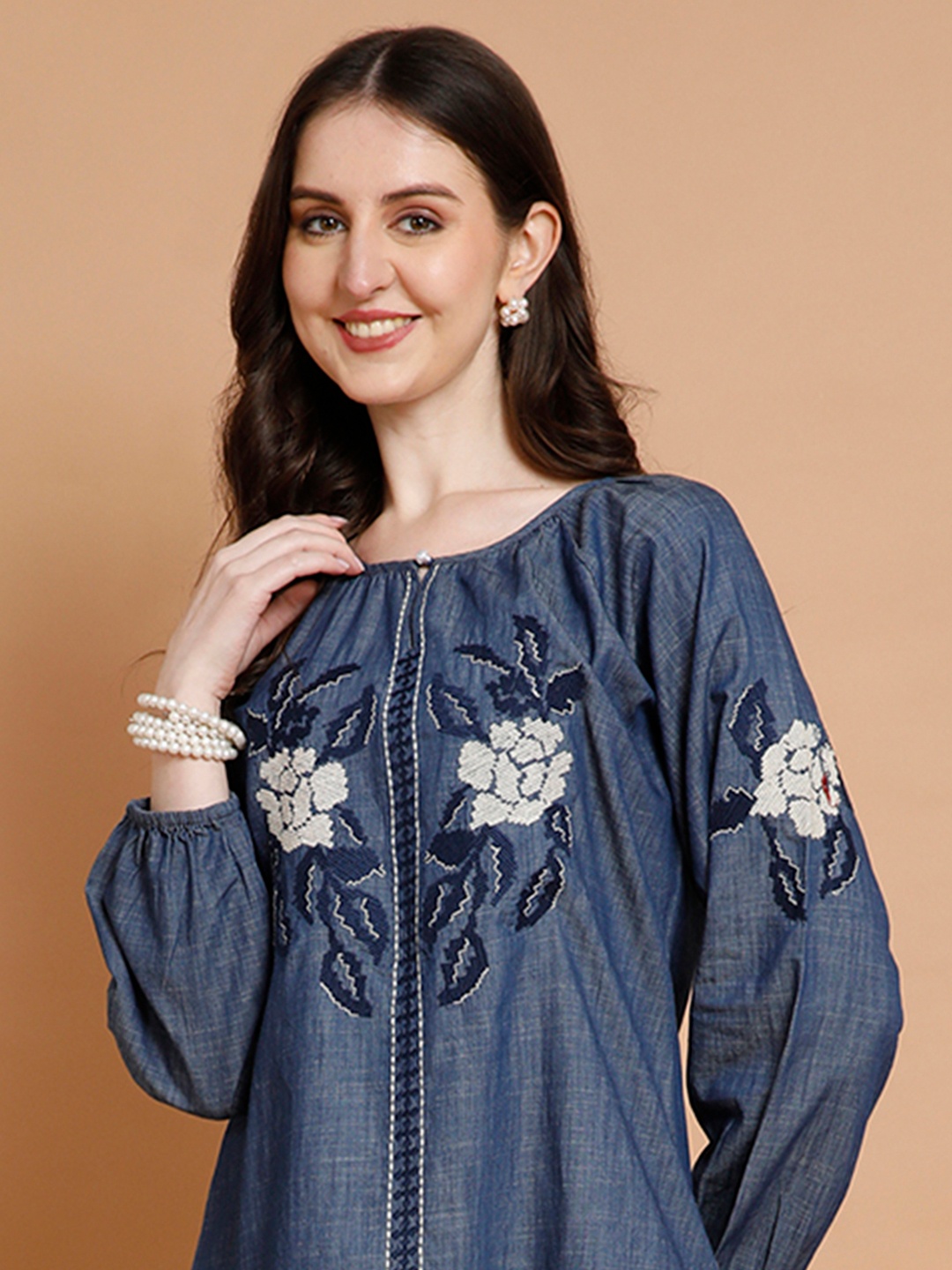 

Nayam By Lakshita Floral Embroidered Round Neck Straight Tunic, Navy blue