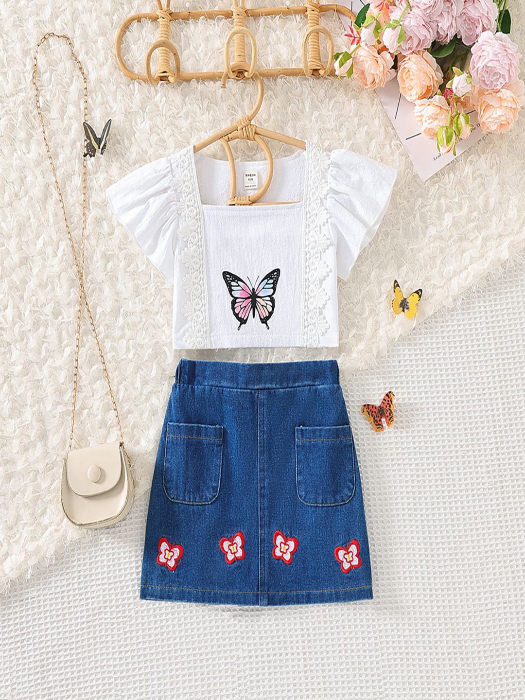 

YK Girls Square Neck Top With Skirt, White