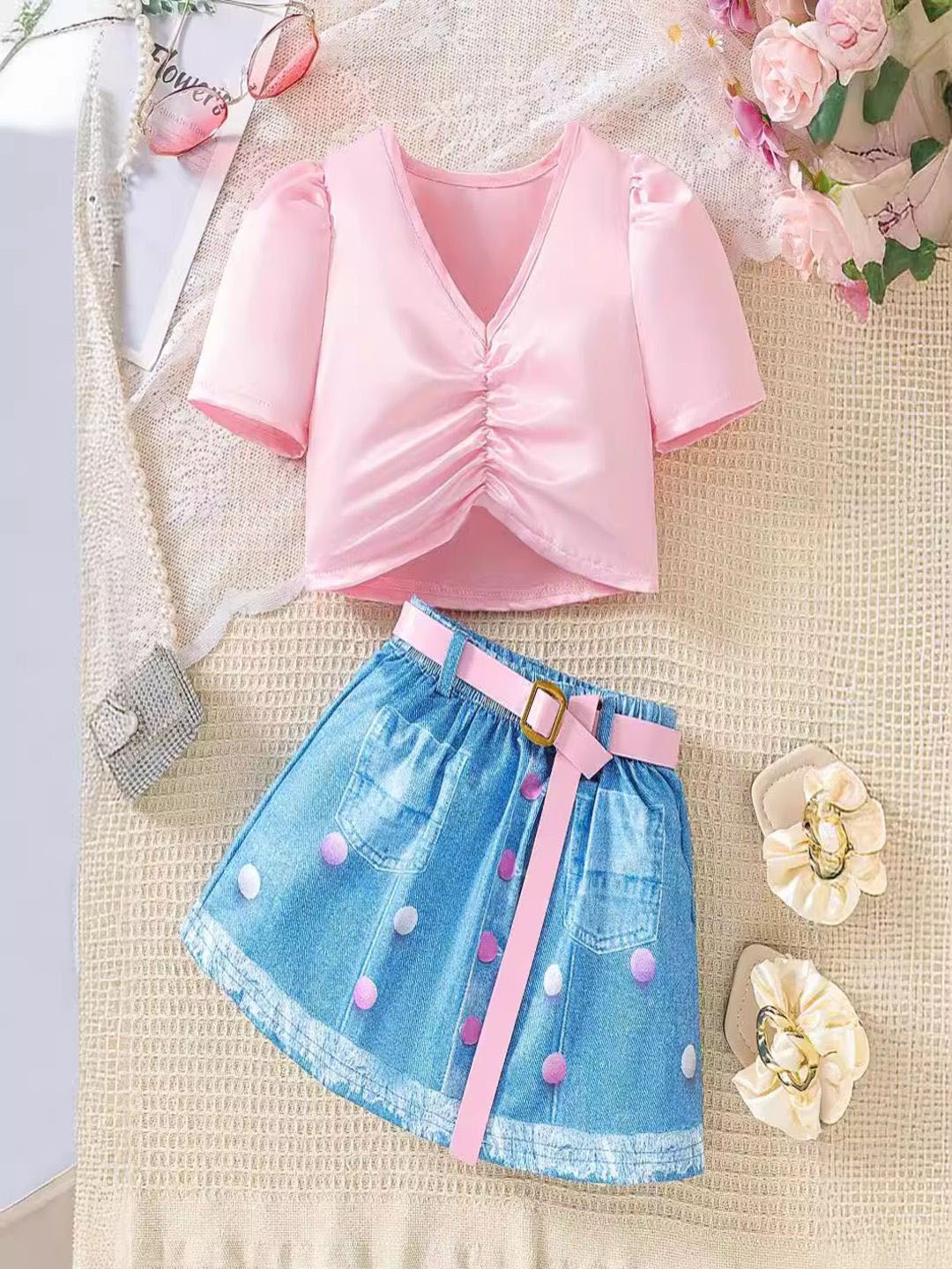 

YK Girls V-Neck Top With Skirt, Pink