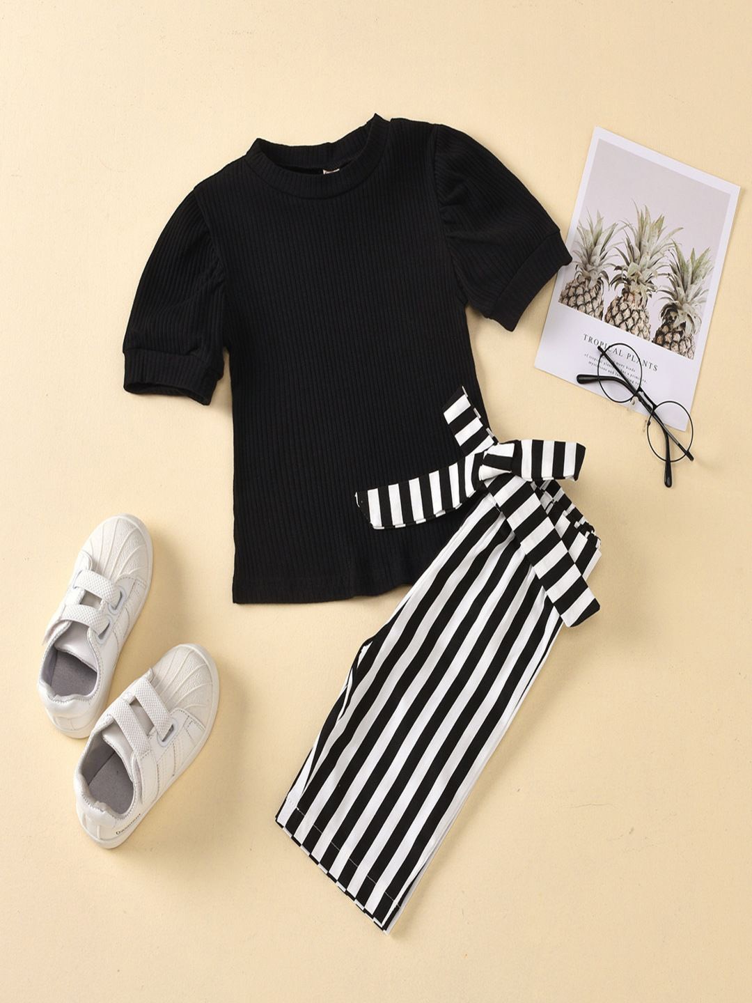 

YK Girls Round Neck Top With Trousers, Black