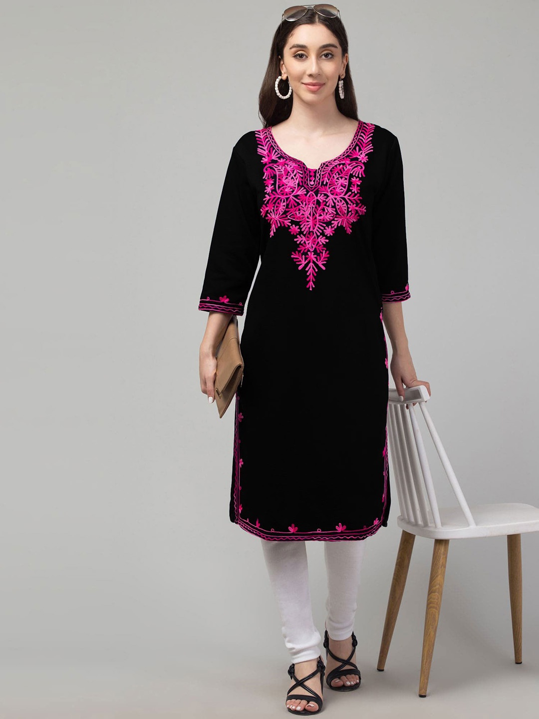 

FAMBEE Women Woollen Kurta, Black