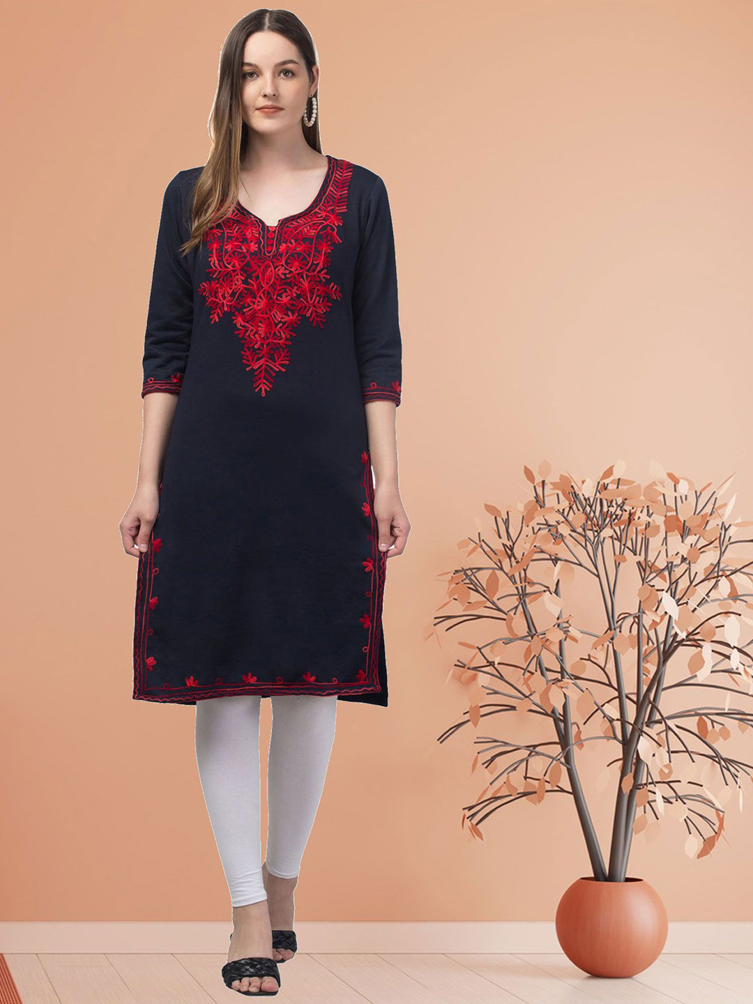 

FAMBEE Women Woollen Kurta, Navy blue