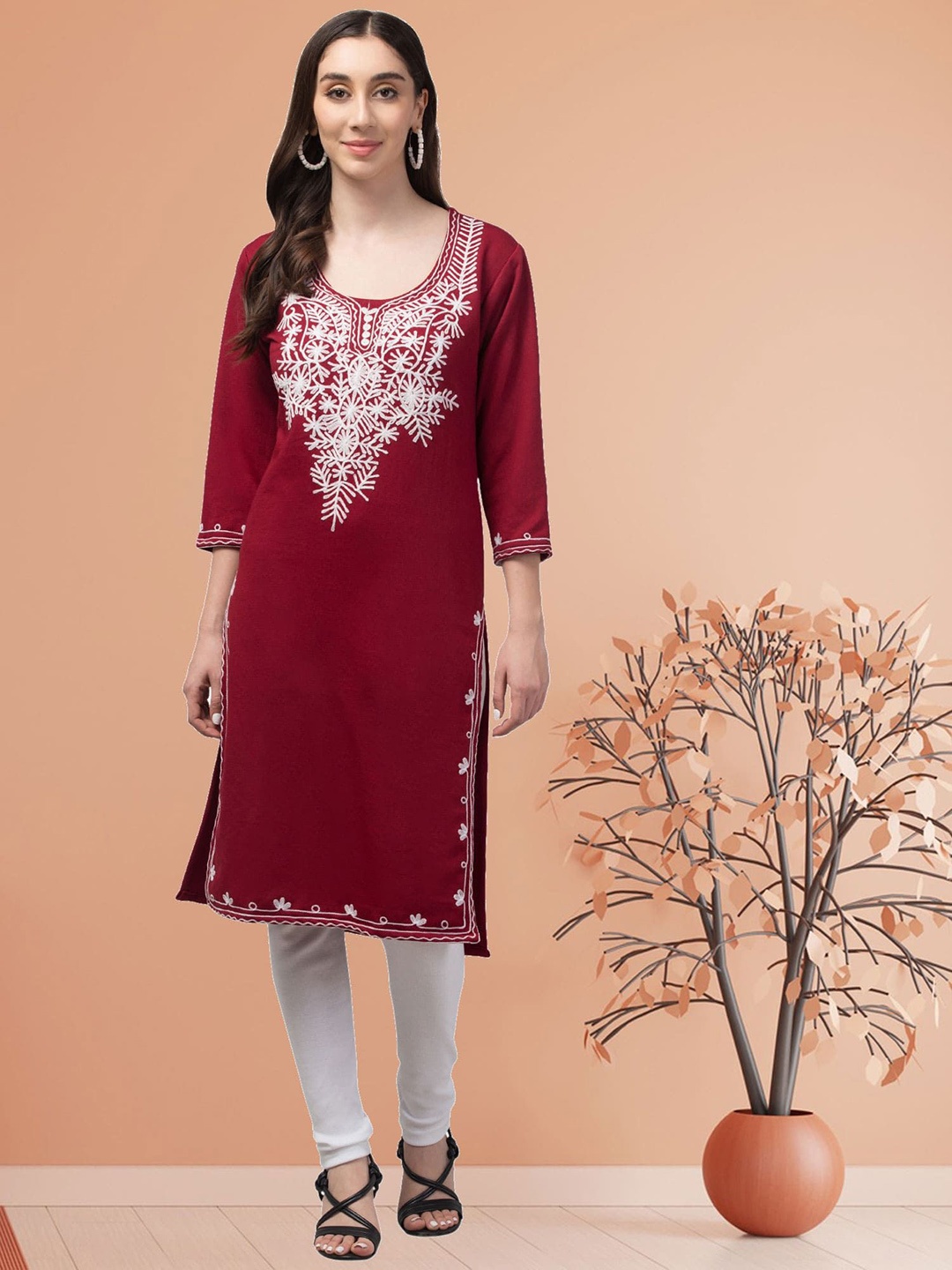 

FAMBEE Women Woollen Kurta, Maroon