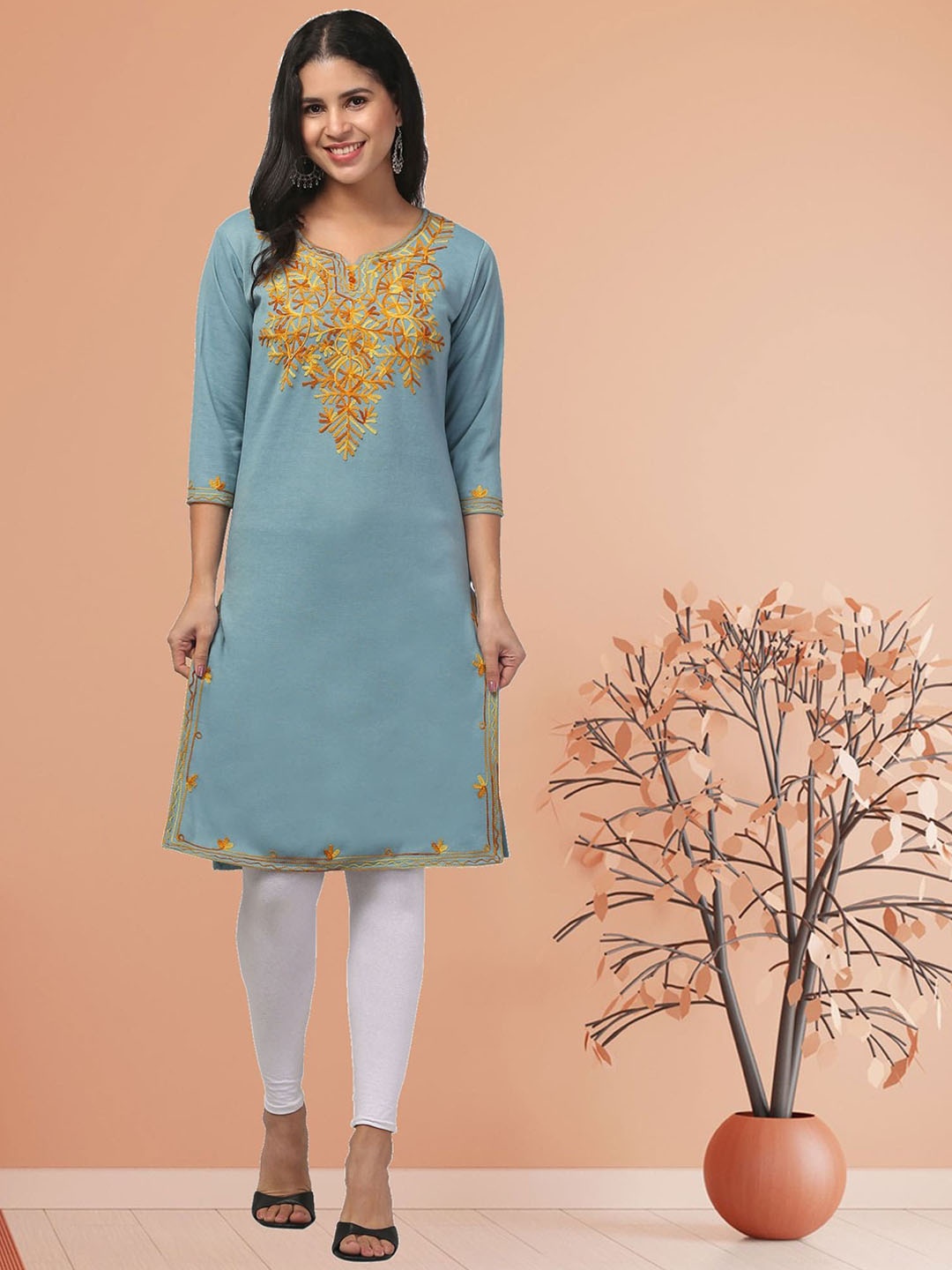 

FAMBEE Women Woollen Kurta, Teal