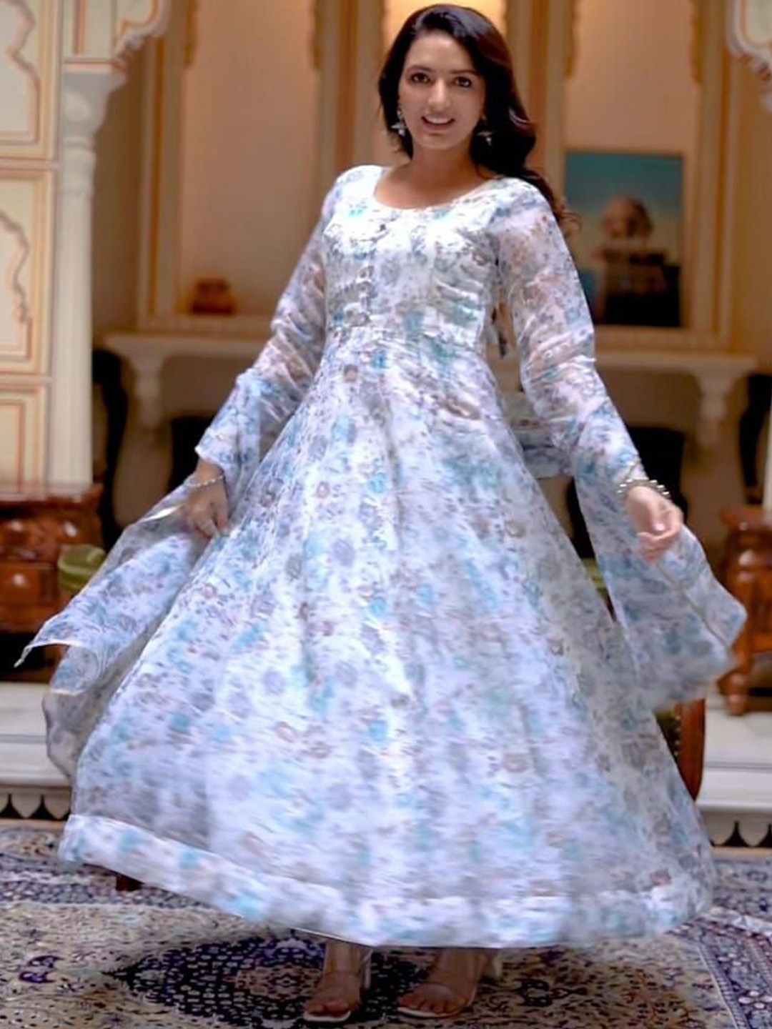 

GRISHU COLLECTION Floral Printed Anarkali Kurta With Trouser & Dupatta, White