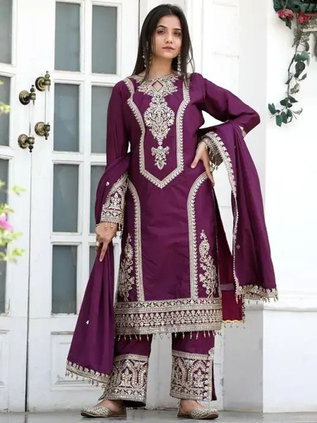 

GRISHU COLLECTION Floral Embroidered Zari Work Straight Kurta With Trouser & Dupatta, Purple