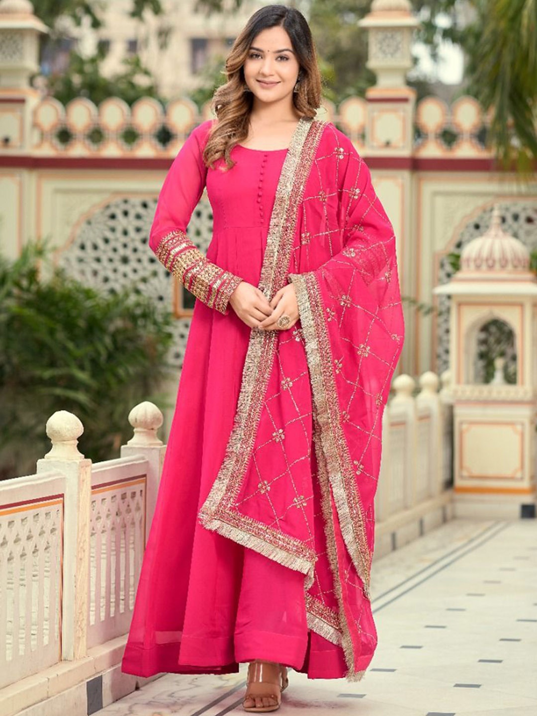 

GRISHU COLLECTION Embroidered Sequinned Anarkali Kurta With Trouser & Dupatta, Pink