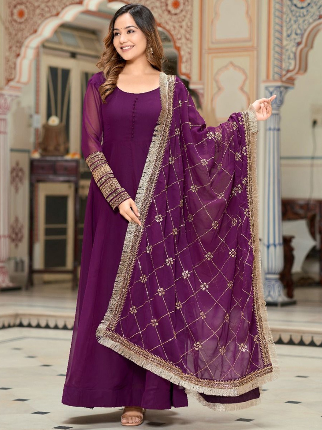 

GRISHU COLLECTION Embroidered Sequinned Empire Anarkali Kurta With Trouser & Dupatta, Purple