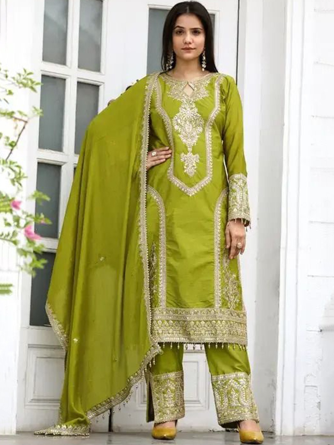 

GRISHU COLLECTION Keyhole Neck Pure Chinon Silk Straight Kurta With Trousers & Dupatta, Lime green