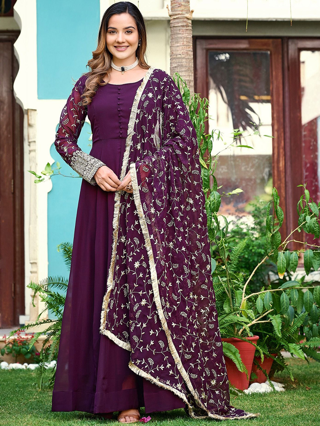 

GRISHU COLLECTION Embroidered Sequinned Round Neck Anarkali Kurta With Trouser & Dupatta, Purple