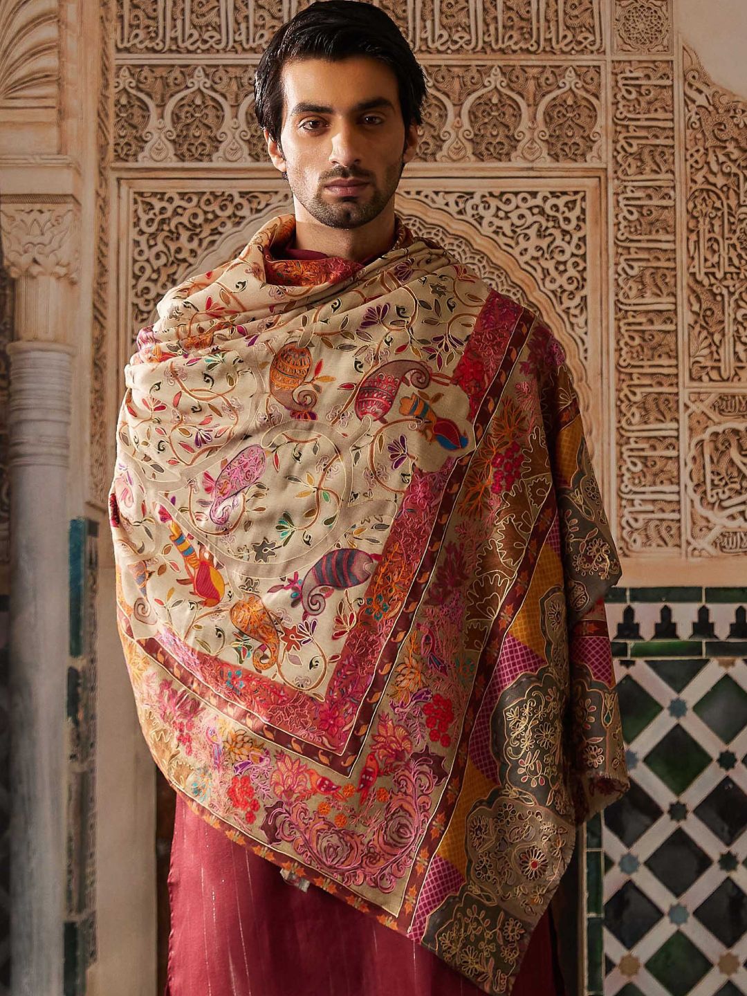 

Pashmoda Men Paisley Embroidered Kalamkari Pure Woollen Shawl, Beige