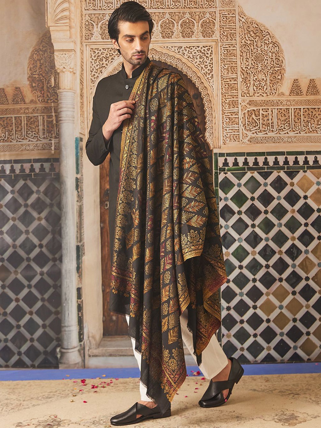 

Pashmoda Ethnic Motifs Kaani Woven Design Shawl, Black