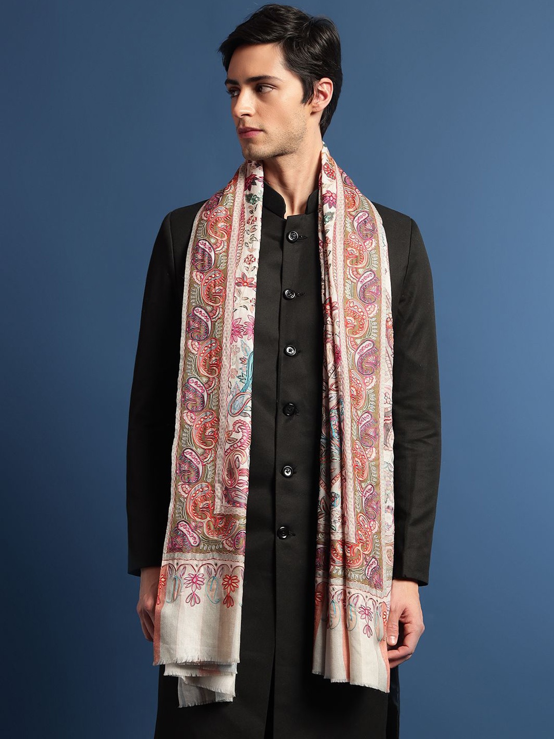 

Pashmoda Men Paisley Embroidered Kalamkari Pure Woollen Shawl, White
