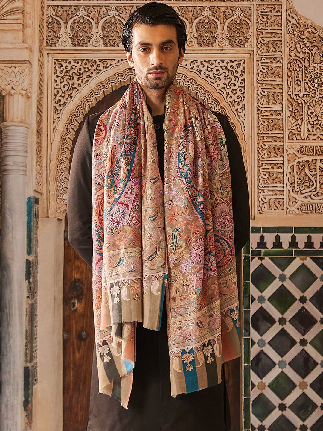 

Pashmoda Men Paisley Embroidered Kalamkari Pure Woollen Shawl, Beige