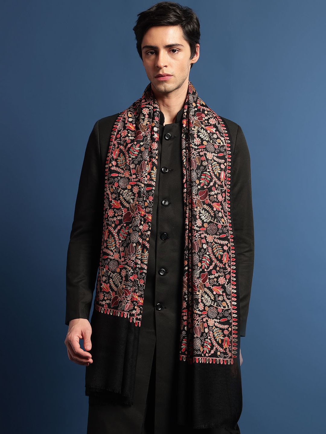 

Pashmoda Floral Aari Embroidered Woollen Shawl, Black