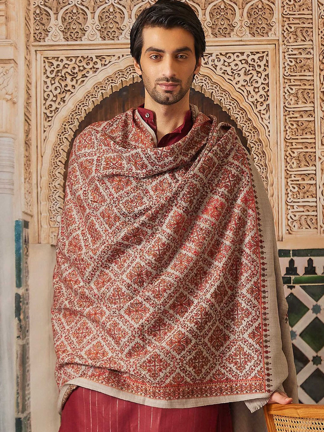 

Pashmoda Floral Aari Embroidered Woollen Shawl, Grey