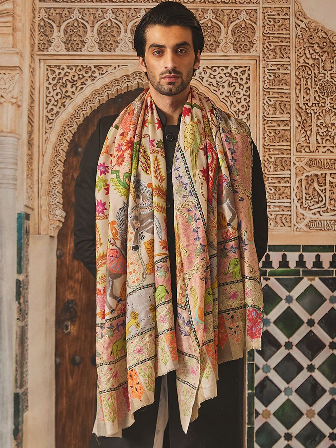 

Pashmoda Kalamkari Printed Woollen Shawl, White