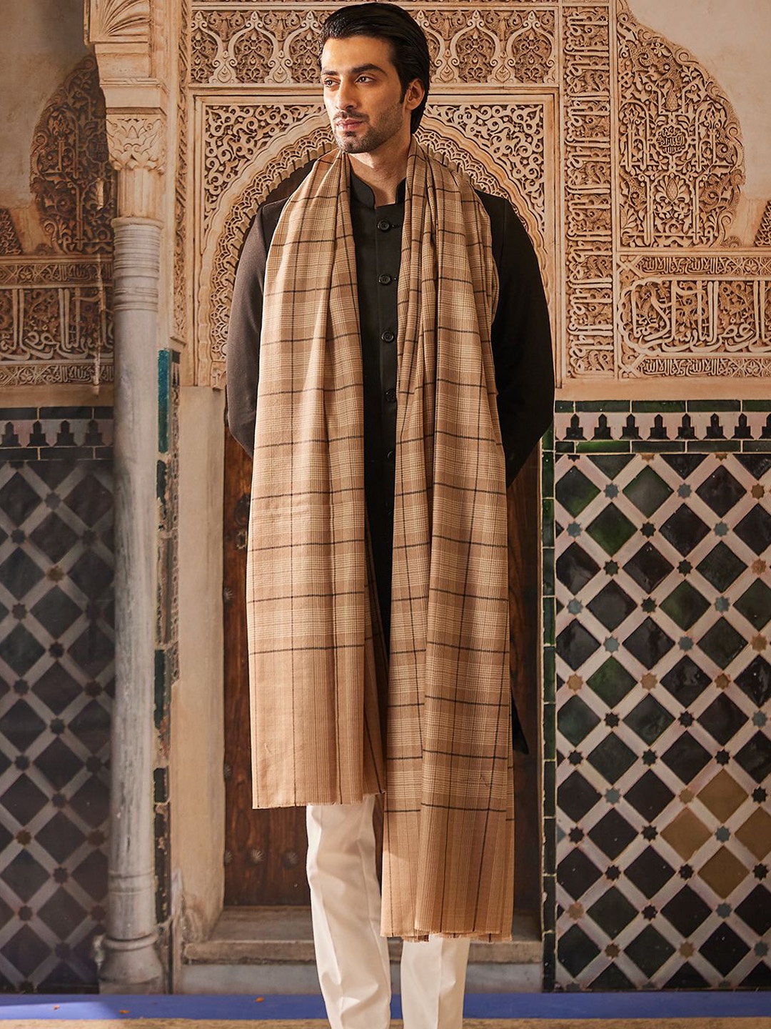 

Pashmoda Checked Woven Design Shawl, Beige