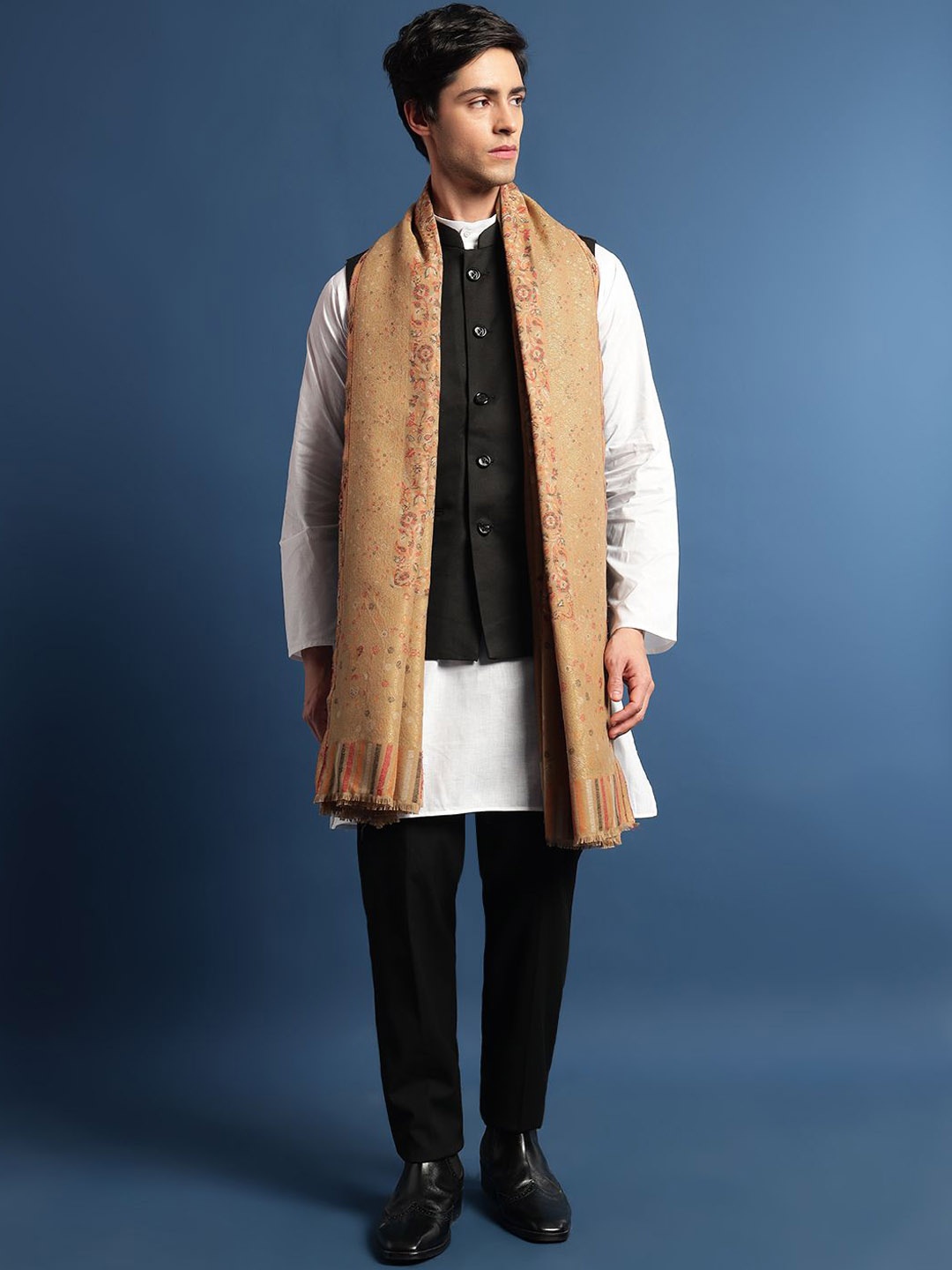 

Pashmoda Men Floral Woven Design Shawl, Beige