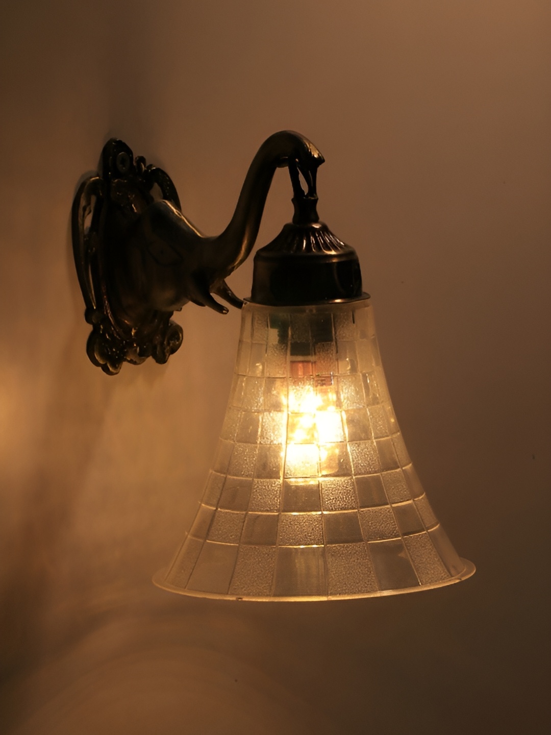

VAGalleryKing Transparent & Gold-Toned Textured Glass Bell Shaped Wall Lamp