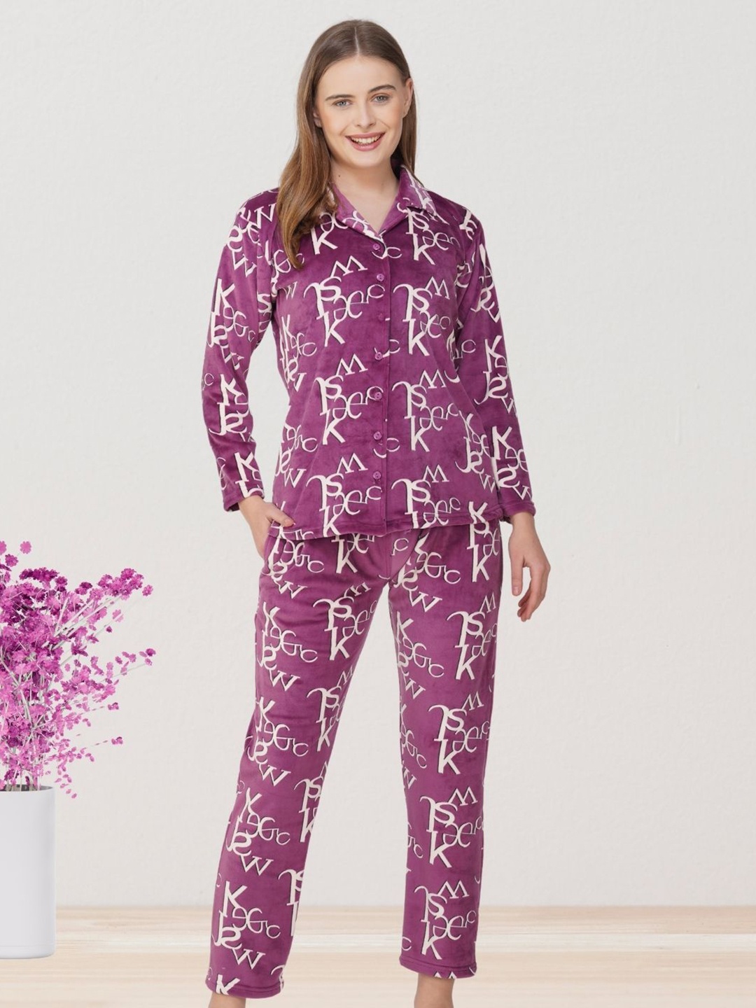 

Untamed Clothing Women Printed Lapel Collar Night Suit, Purple