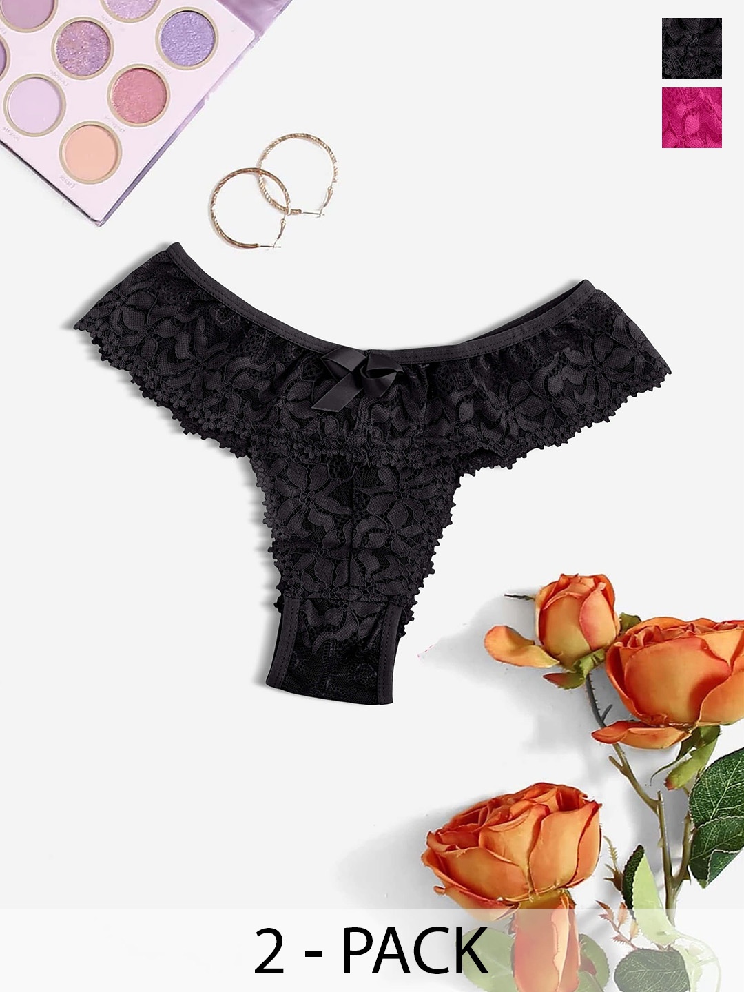 

SHREE GANESH FASHION Women Pack Of 2 Cotton Lace Bikini Briefs, Black
