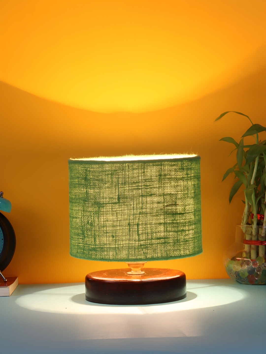 

Aura Green and Brown Textured Wood Cylindrical Shaped Table Lamp