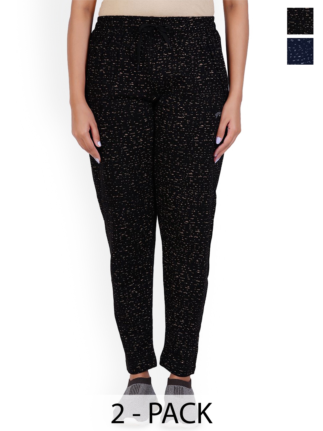 

FEEL TRACK Women Pack Of 2 Printed Cotton Mid Rise Track Pants, Black