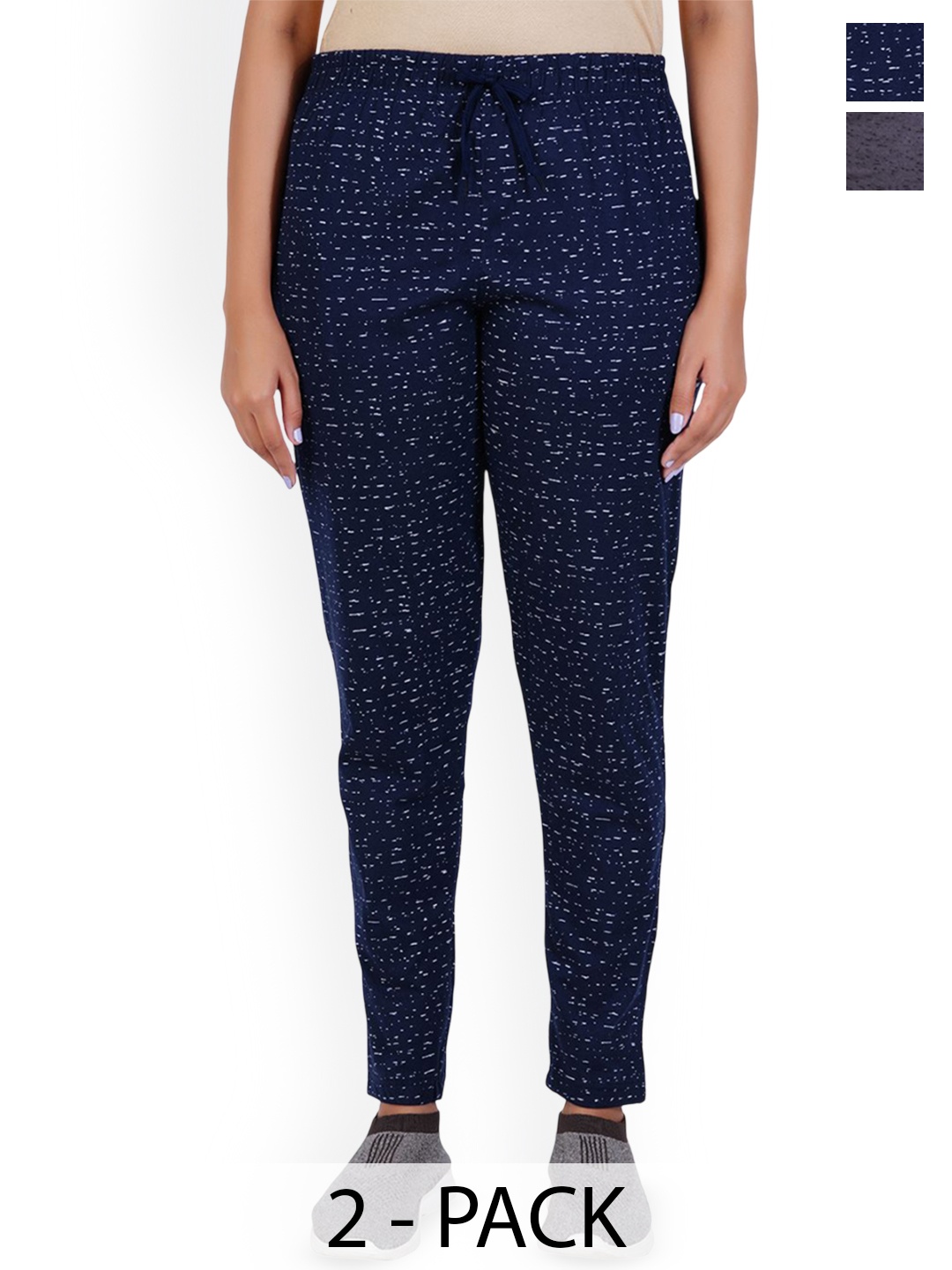 

FEEL TRACK Women Pack Of 2 Printed Cotton Track Pants, Navy blue