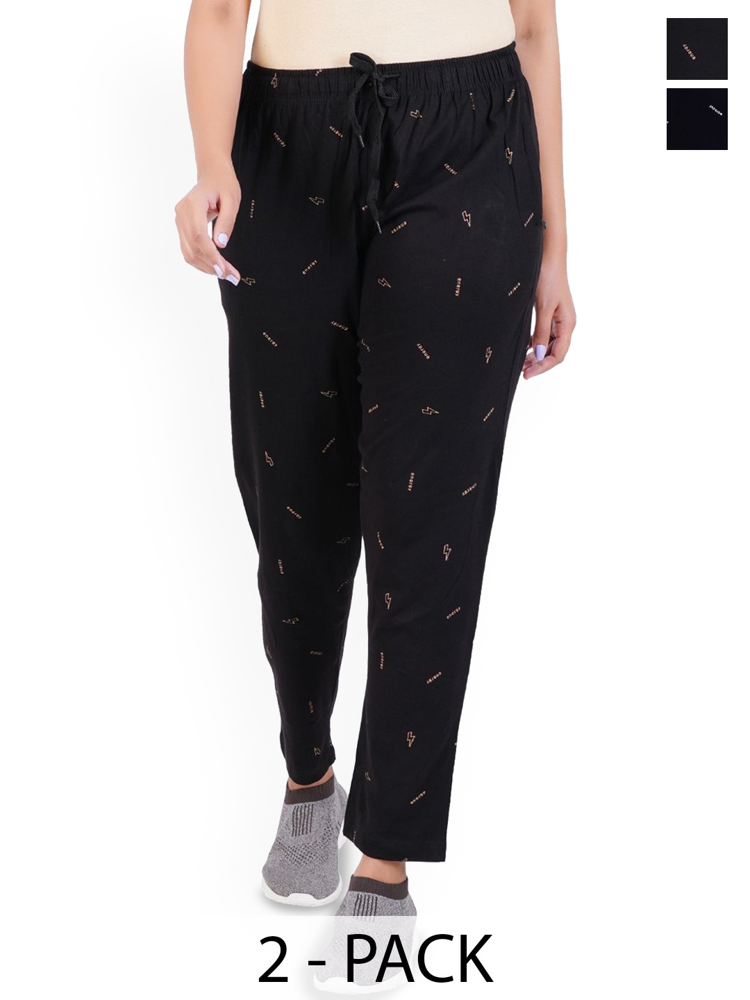 

FEEL TRACK Women Women Pack Of 2 Printed Cotton Mid Rise Track Pants, Black