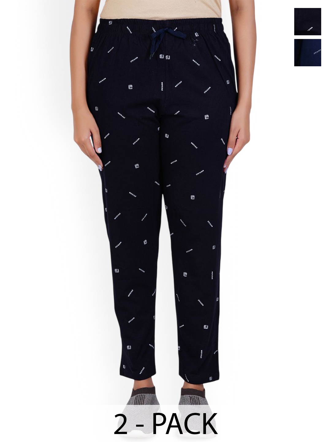 

FEEL TRACK Women Pack Of 2 Typography Printed Cotton Track Pants, Navy blue