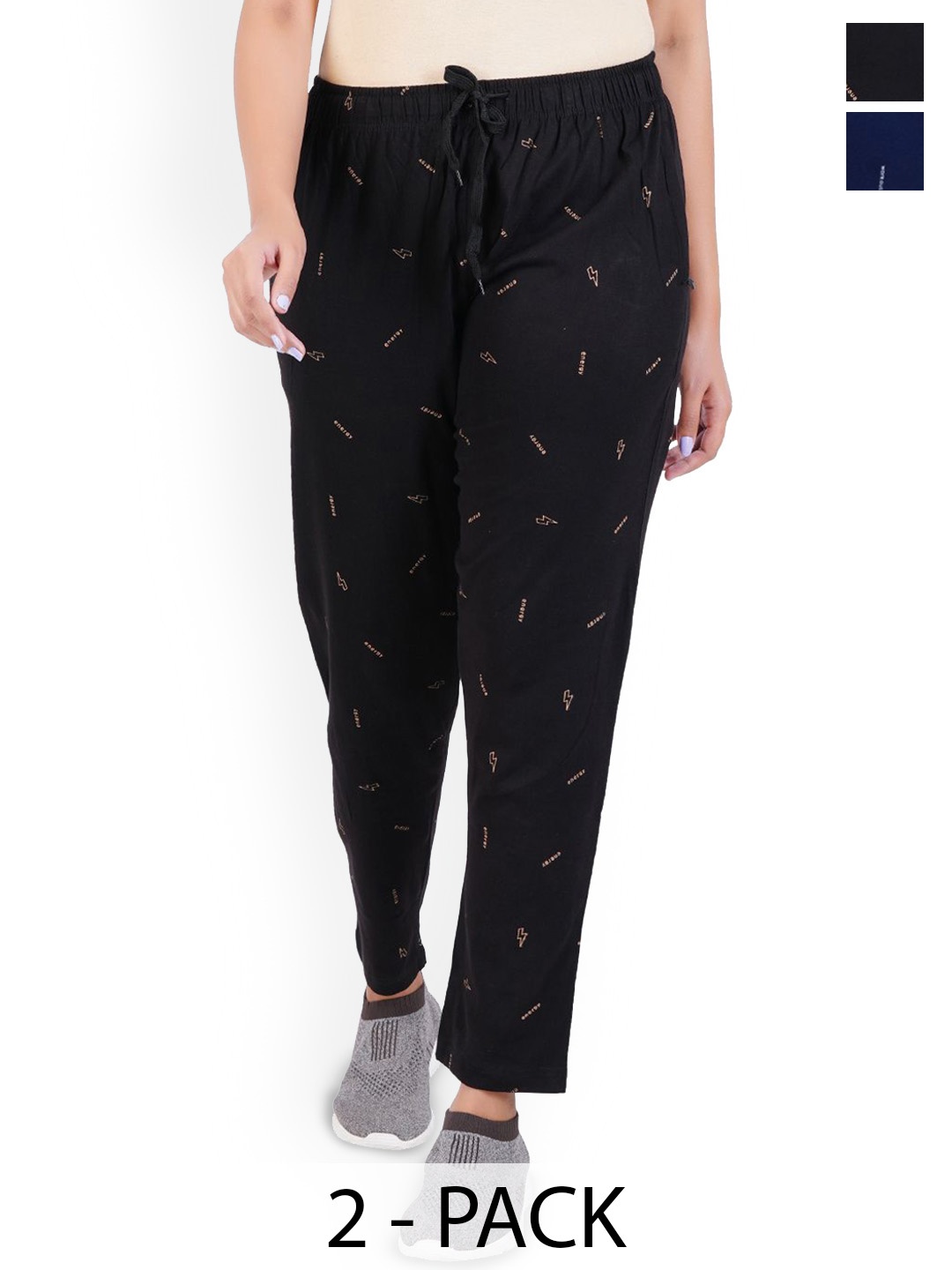 

FEEL TRACK Women Pack Of 2 Printed Cotton Mid Rise Track Pants, Blue