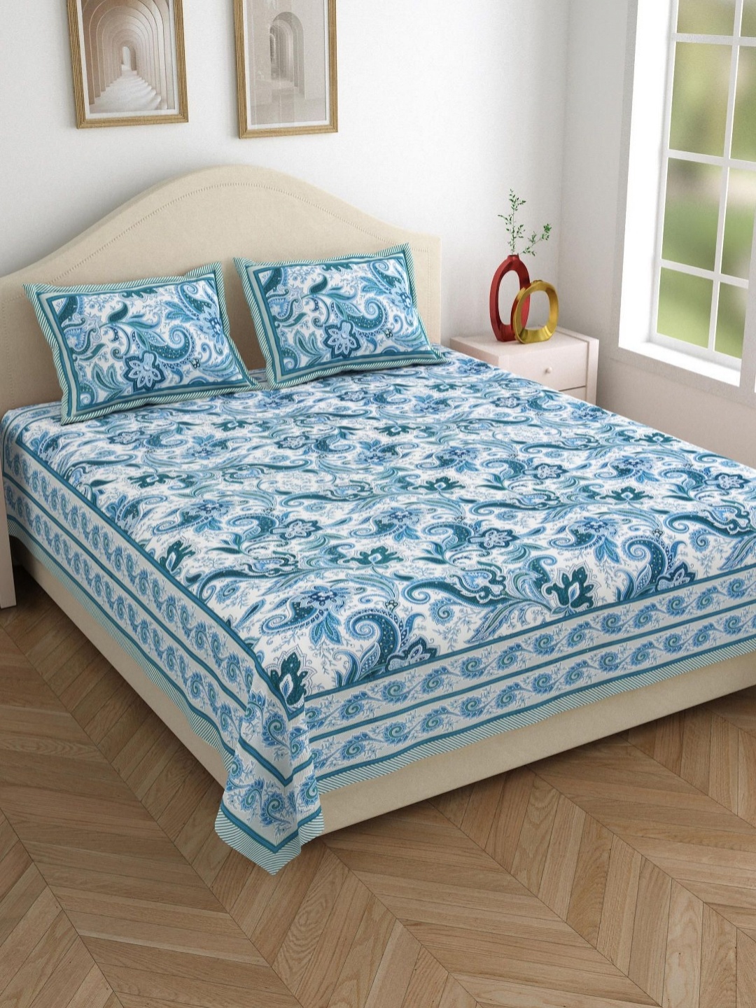 

Aura jaipuri Blue Ethnic Motifs Printed Pure Cotton 120TC King Bedsheet Set 2.7 m X 2.2 m