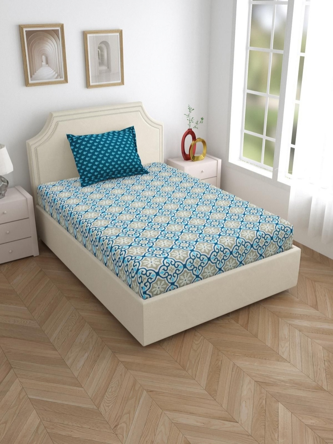 

Aura classic Teal Geometric Printed Pure Cotton 120 TC Single Bedsheet Set 2.20 m X 1.50 m