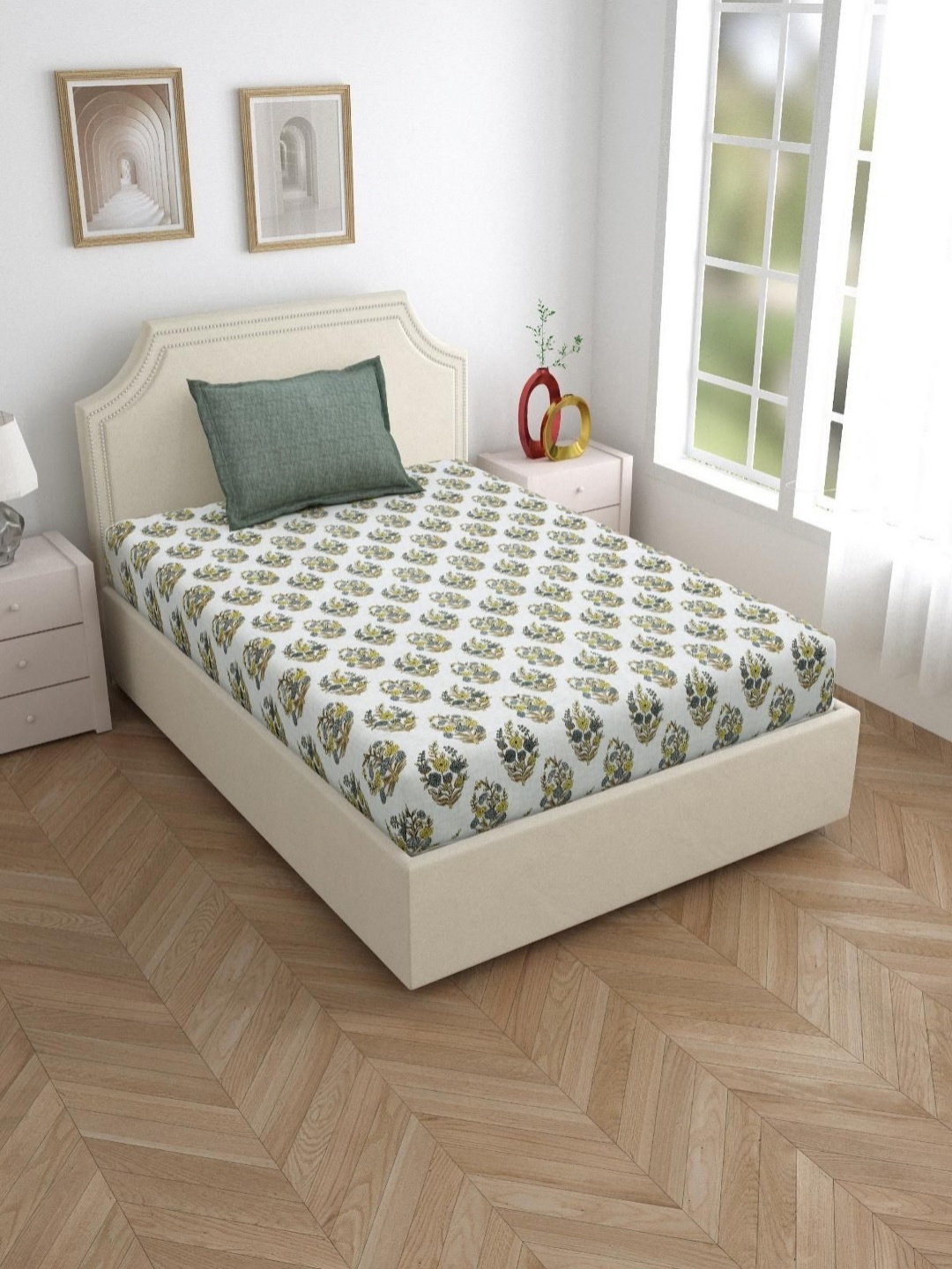 

Aura classic White Pure Cotton Printed 120 TC Single Bedsheet Set 2.28 m x 1.5 m