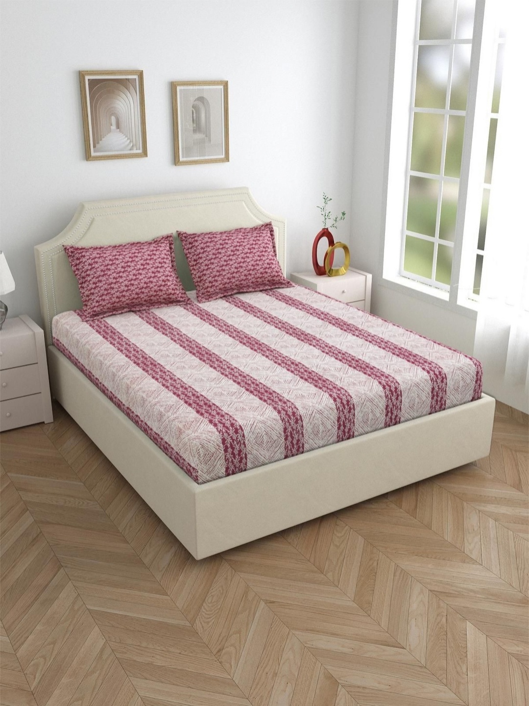 

Aura Classic Pink Striped Printed Cotton 120 TC King Bedsheet Set 2.74 m x 2.74 m