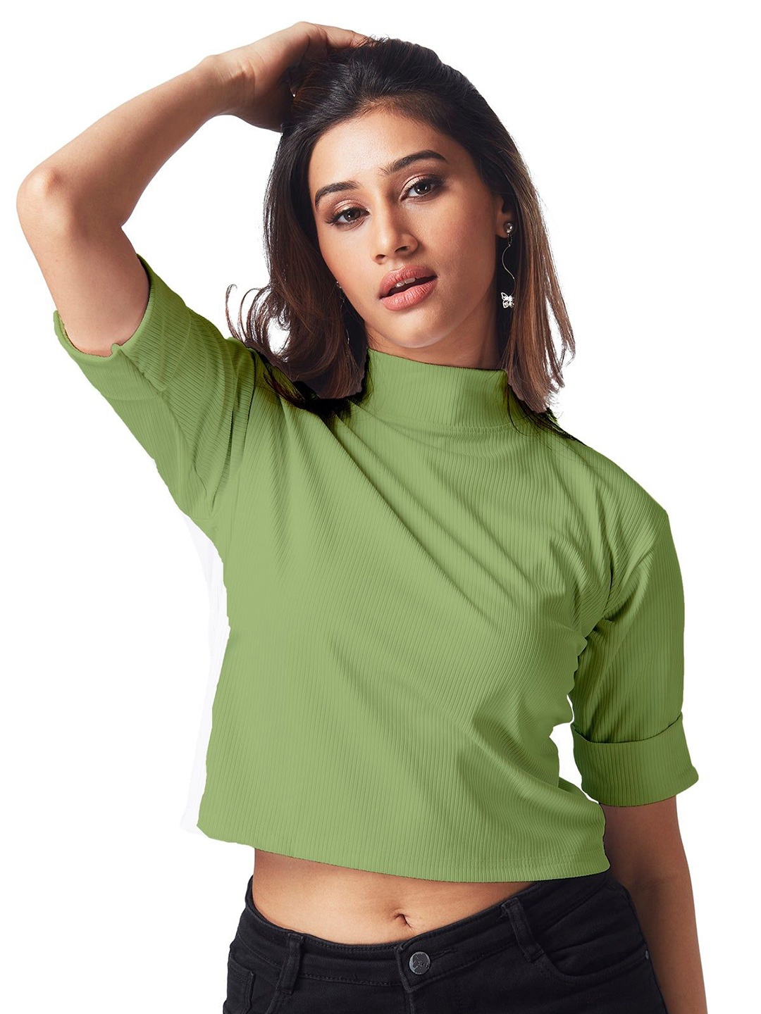 

FREYAA Women Pack Of 2 Solid High Neck T-shirts, Green