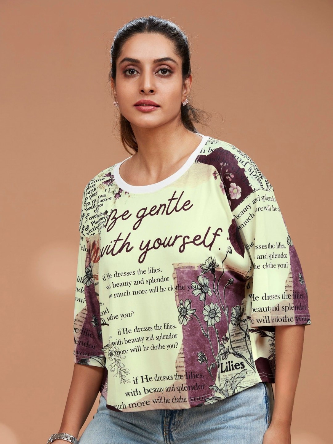 

FREYAA Women Typography Printed Round Neck T-shirt, Beige