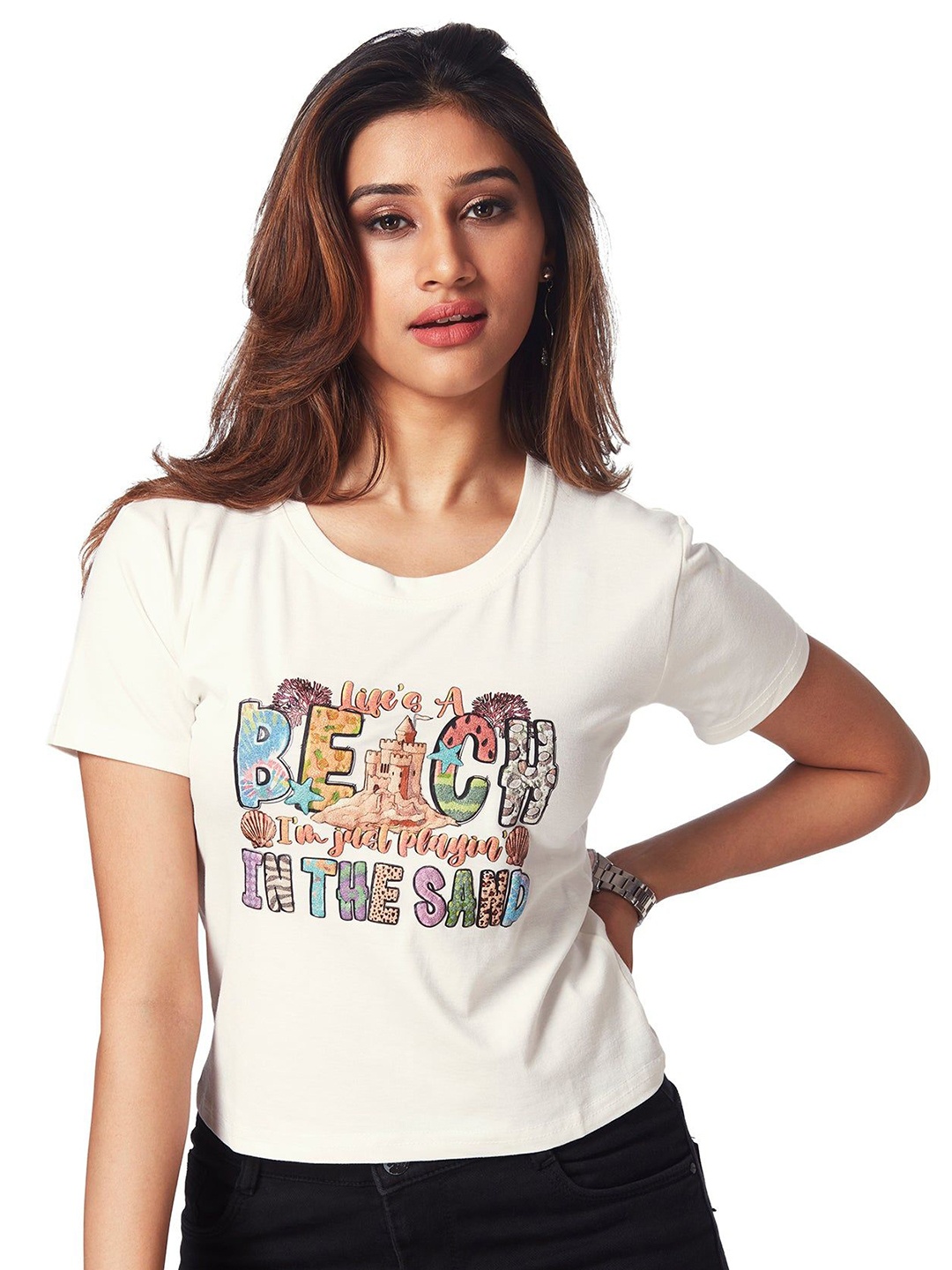 

FREYAA Women Typography Printed Round Neck T-shirt, White