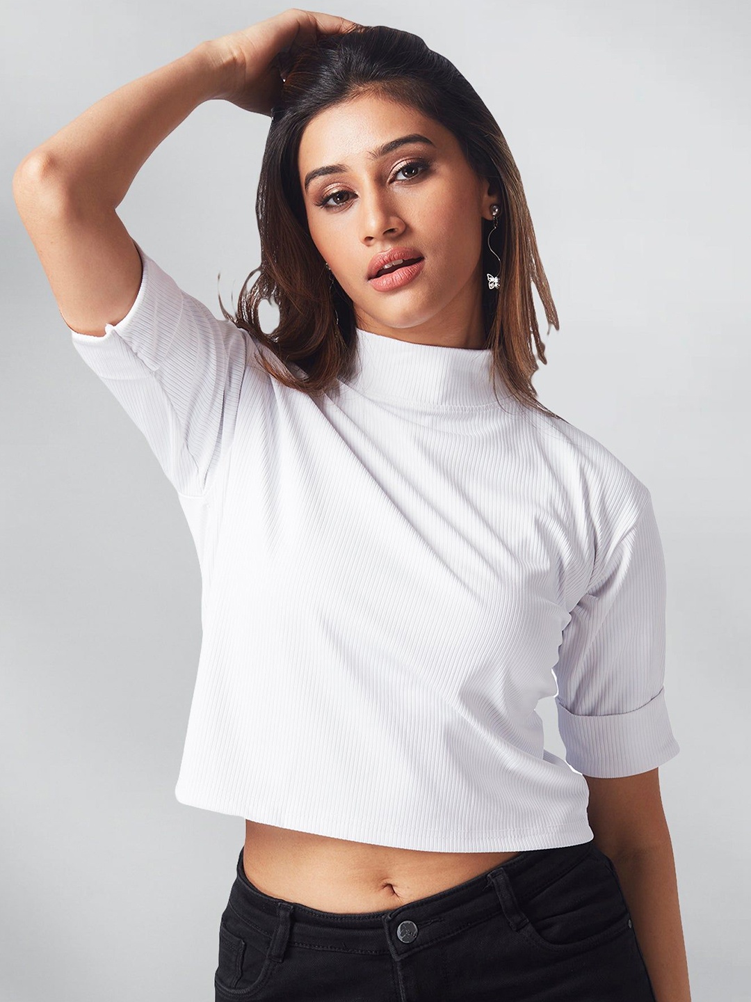 

FREYAA Women Pack Of 3 Solid High Neck T-shirts, White