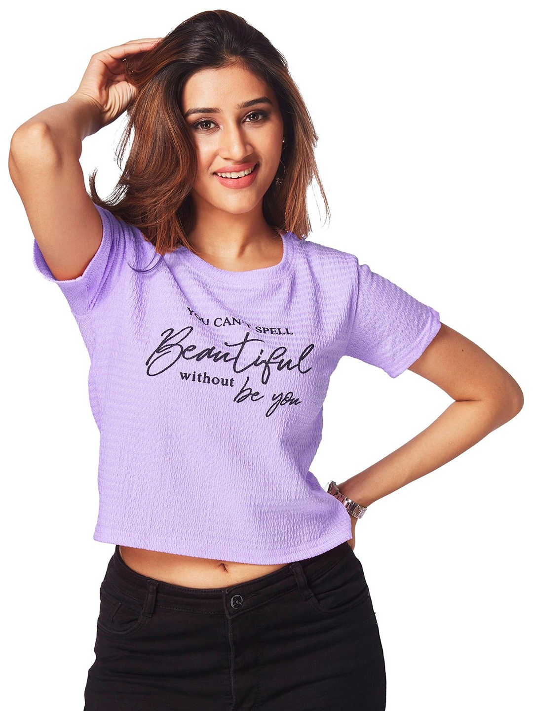 

FREYAA Women Typography Printed Round Neck T-shirt, Purple