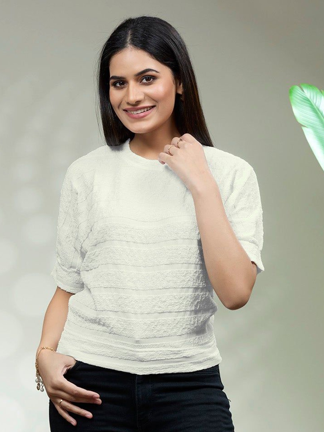 

FREYAA Women Self Design Round Neck T-shirt, Cream