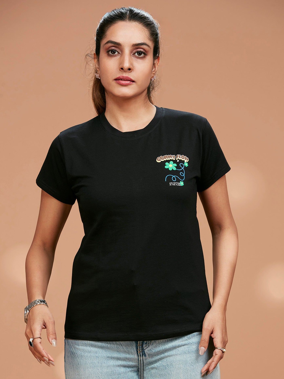

FREYAA Women Graphic Printed Round Neck T-shirt, Black