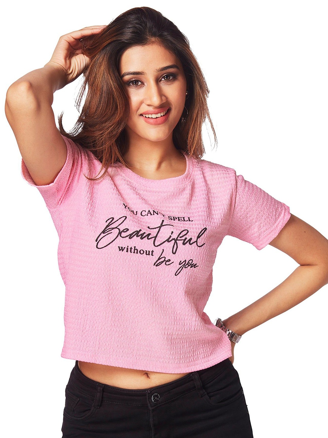 

FREYAA Women Pack Of 2 Typography Printed Round Neck T-shirts, Pink