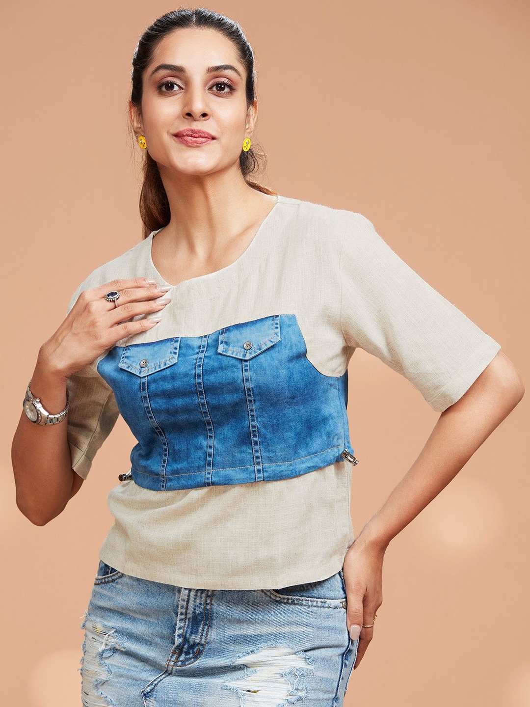 

FREYAA Women Solid Round Neck T-shirt, Beige