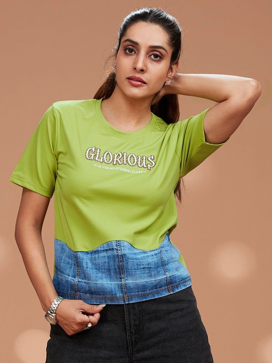 

FREYAA Women Typography Printed Round Neck T-shirt, Green