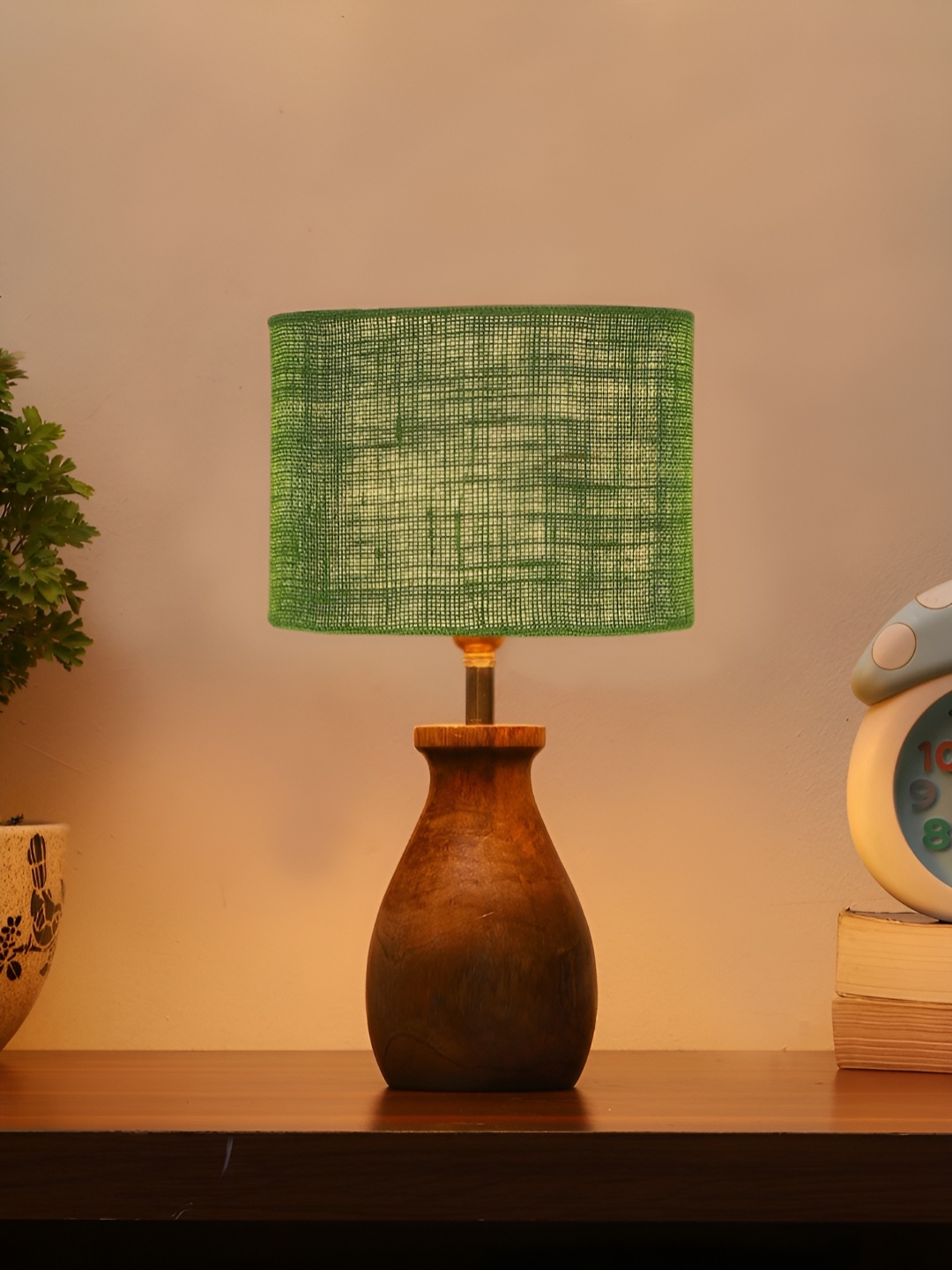 

Aura Green & Brown Textured Cylinder Shaped Wooden Table Lamp