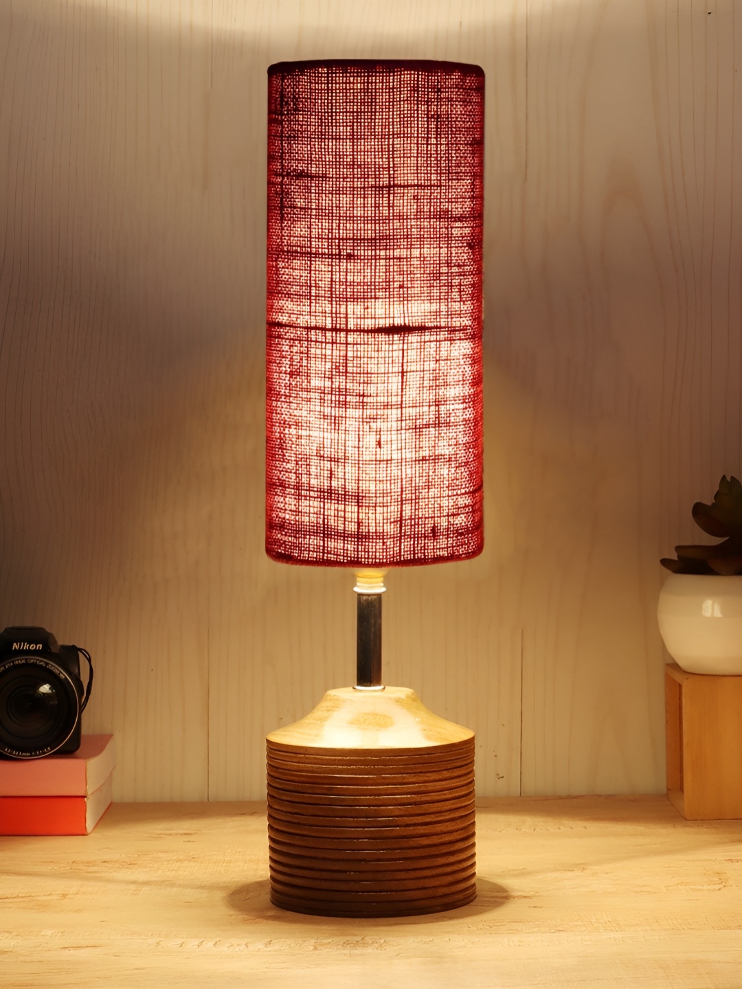 

Aura Maroon & Brown Cylinder Shaped Wooden Table Lamp