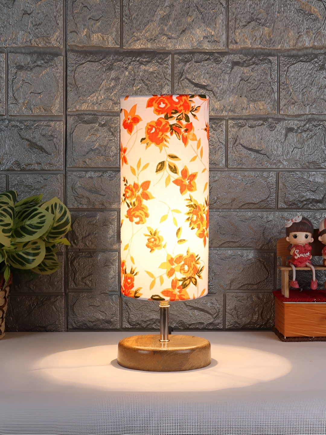 

Aura White & Orange Printed Cylinder Shaped Wooden Table Lamp