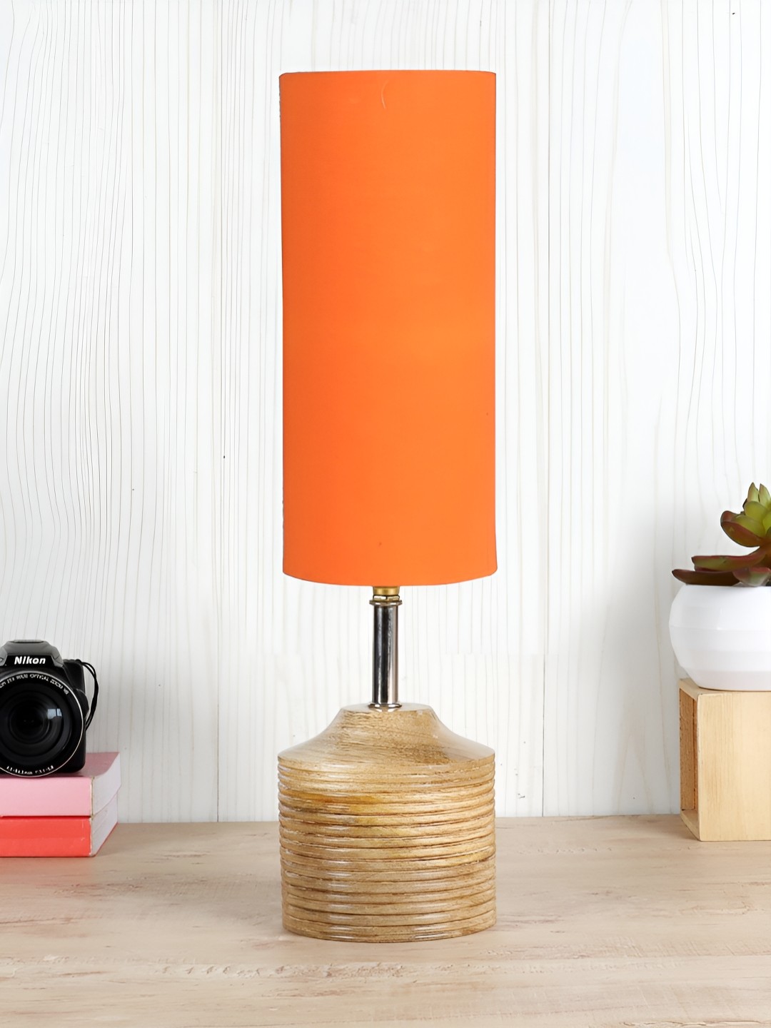 

Aura Orange Wooden Cotton Shade Cylindrical Shaped Table Lamp